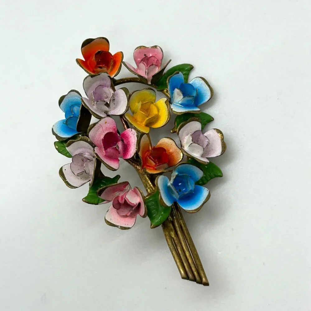 Vintage Austrian Enamel Flower Bouquet Brooch Hand Painted Multicolor Floral - Picture 5 of 16